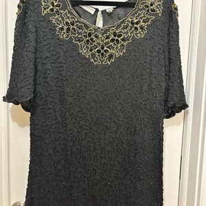 Vintage 100% Silk Beaded Black & Gold Short-Sleeve Top